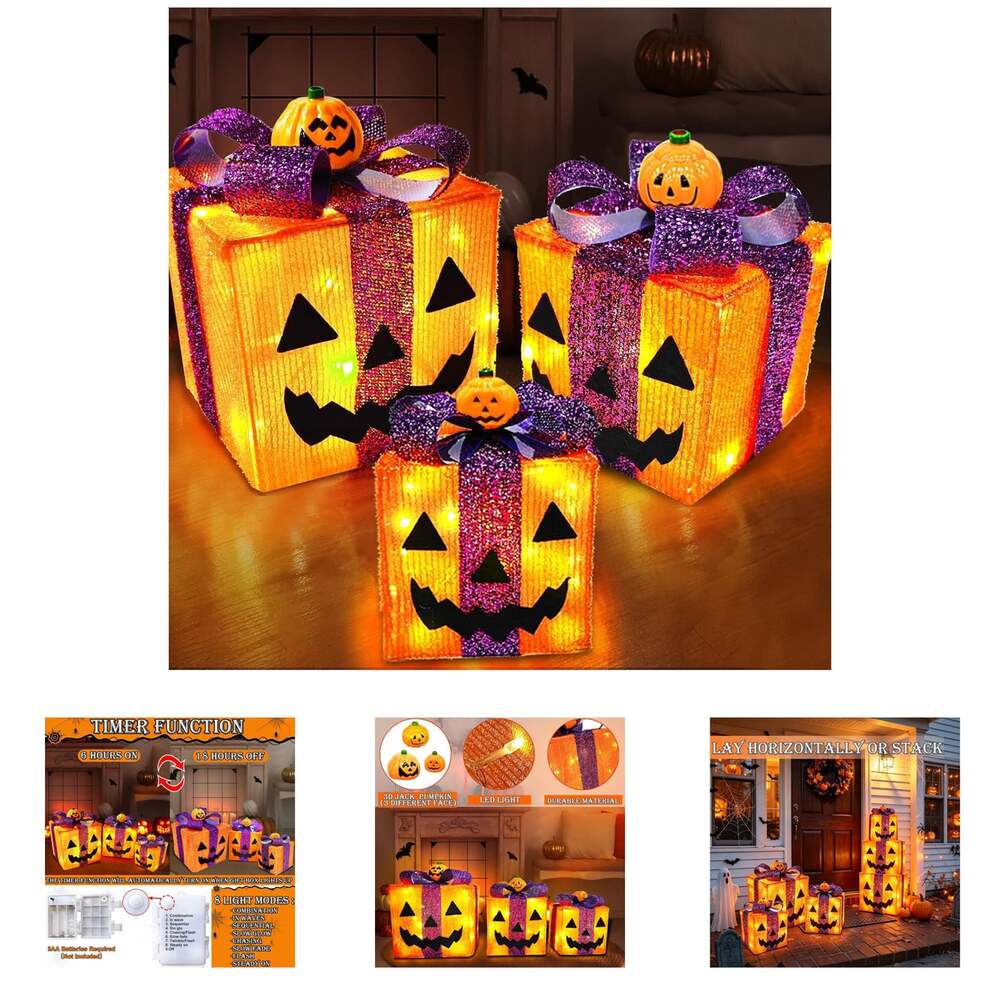 Lighted Halloween Pumpkin Decorations Gift Box 3 Pack LED Timer 8 Modes Indoor